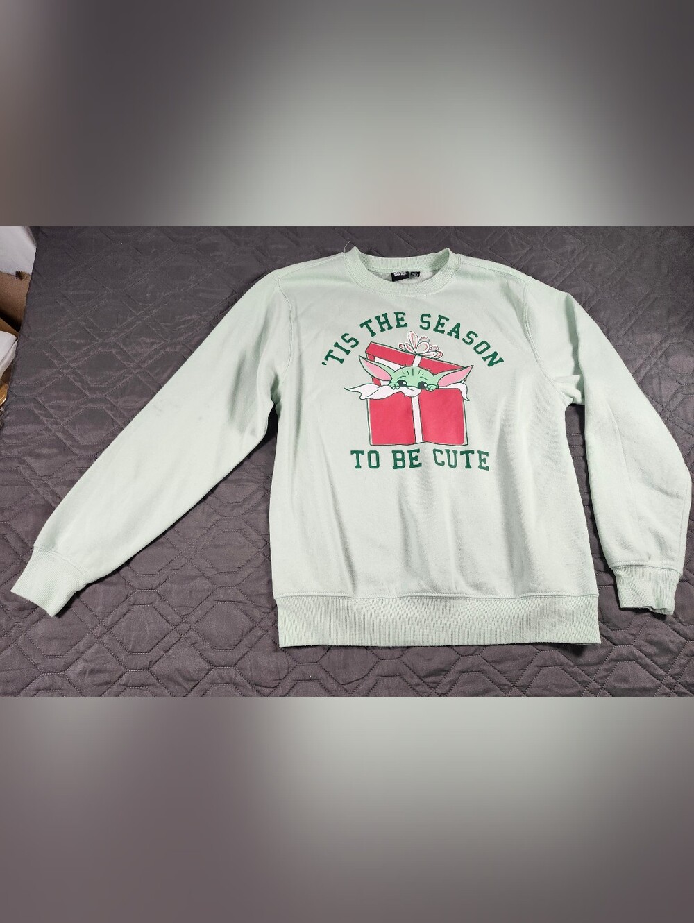 "’Tis the Season to be Cute" Grogu sweatshirt imperfection on sleeve see picture